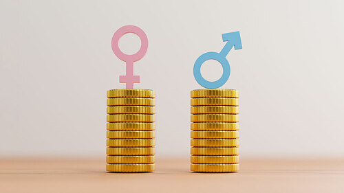 Blue sign of man on coins stacking equality with pink woman sign