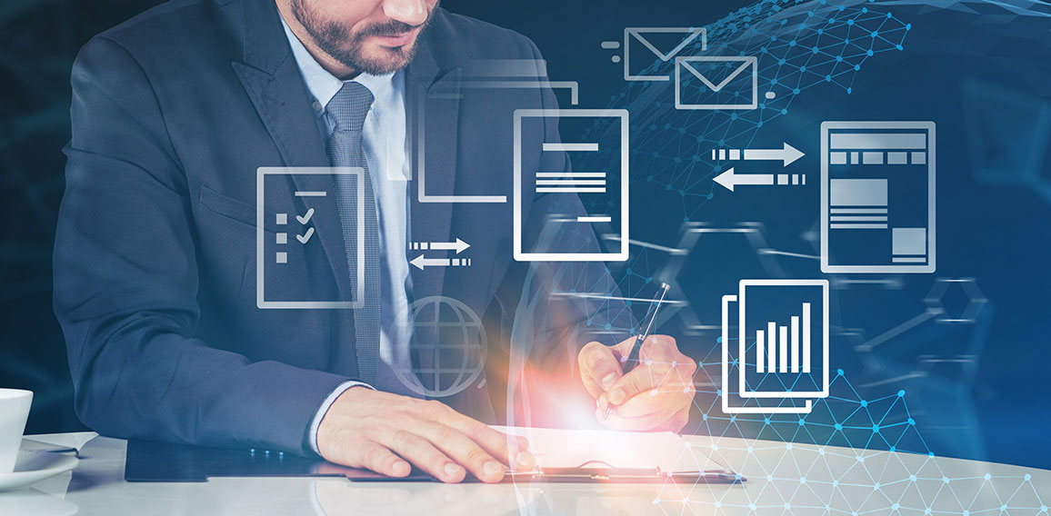 Businessman writing in office, electronic document