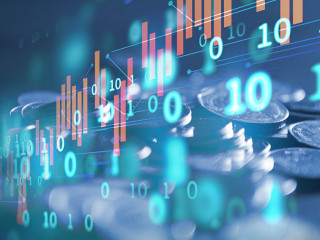 double exposure image of stock market investment graph and coins