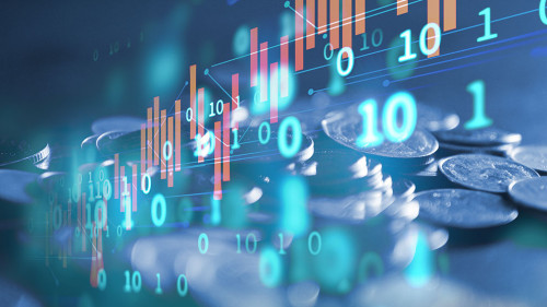 double exposure image of stock market investment graph and coins