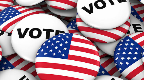 US Elections Concept - United States Flag and Vote Badges 3D Ill