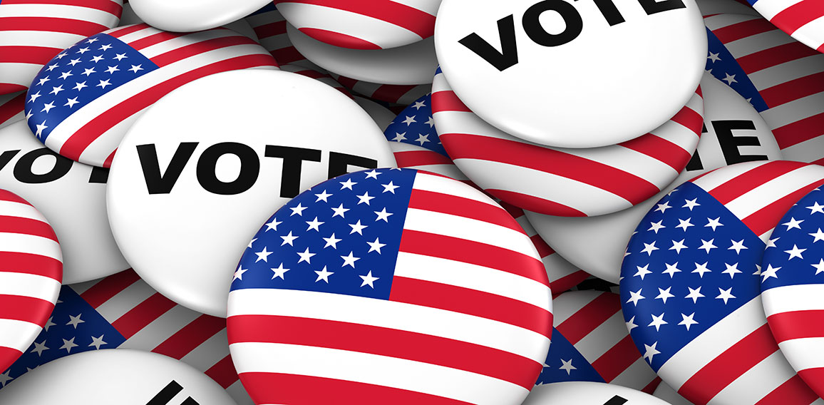 US Elections Concept - United States Flag and Vote Badges 3D Ill