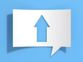 Arrow Up Icon on Cutout White Paper Speech Bubble. 3d Rendering