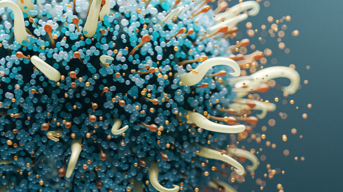 Microbilology and health risk concept with closeup of abstract realistic blue and light yellow virus cell on dark backlit background. 3D rendering