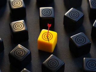 The arrow hit the highlighted target. Advertising, marketing and targeting. Right on the bull's-eye. Success. Choose a goal, define a task. Purposefulness and insight. Succeed in work.