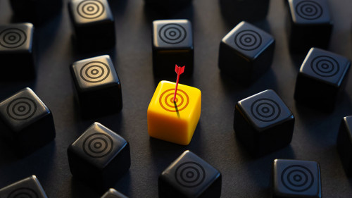 The arrow hit the highlighted target. Advertising, marketing and targeting. Right on the bull's-eye. Success. Choose a goal, define a task. Purposefulness and insight. Succeed in work.