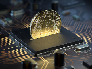 Bitcoin on motherboard,3d rendering,conceptual image.