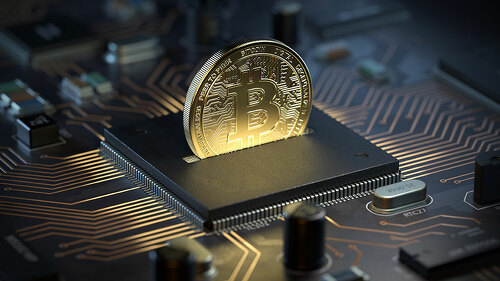 Bitcoin on motherboard,3d rendering,conceptual image.