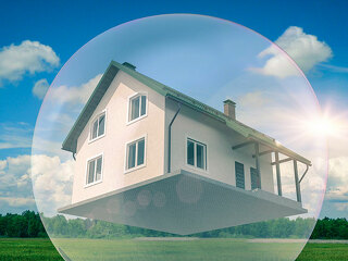 House is caught in a floating bubble- 3D-Illustration