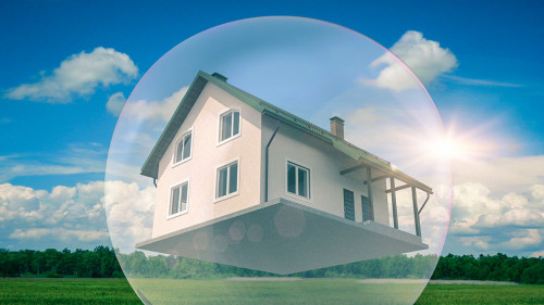 House is caught in a floating bubble- 3D-Illustration