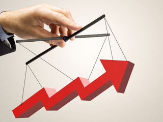 businessman holding red arrow sign. hand supporting the growth c