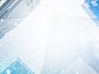 Network interface in city sky, skyscrapers