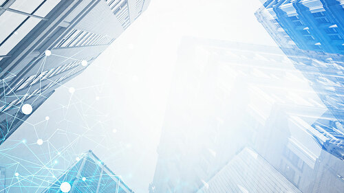 Network interface in city sky, skyscrapers