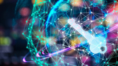 Cyber security concept businessman Lock on digital screen, contr