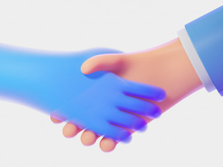 3d rendering. Cartoon handshake, human and robot cooperation