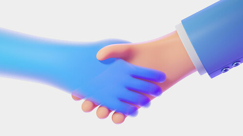 3d rendering. Cartoon handshake, human and robot cooperation