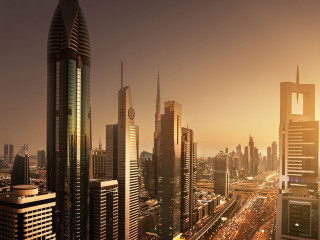 Dubai skyline in sunset time, United Arab Emirates