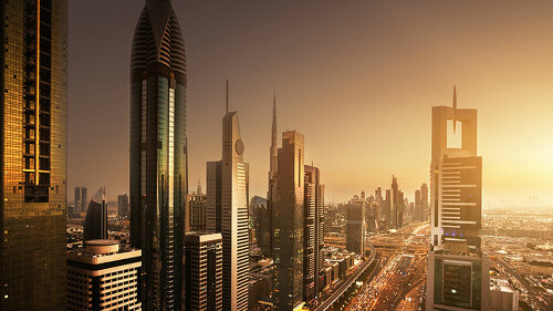 Dubai skyline in sunset time, United Arab Emirates