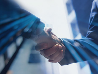 Businessmen making handshake with partner, greeting, dealing, me