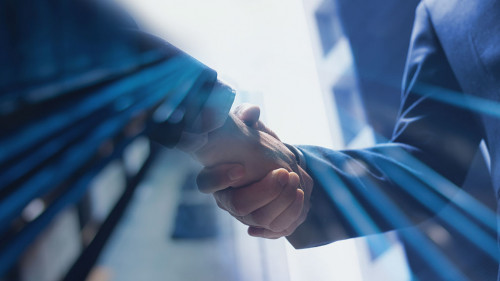 Businessmen making handshake with partner, greeting, dealing, me