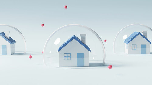 Stay safe,stay inside home. Prevention from virus. 3D of house i