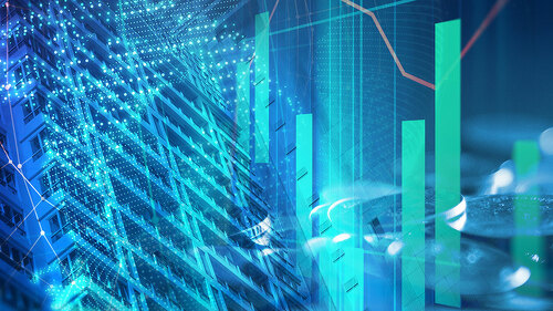 pile of coins on technology financial graph background.
