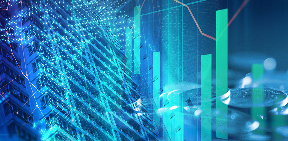 pile of coins on technology financial graph background.