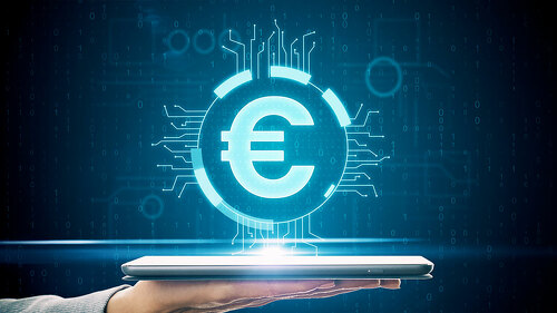 tablet with glowing euro icon interface