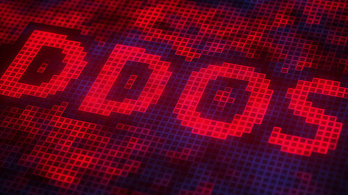 Pixels on the screen compose DDOS text. 3D rendering