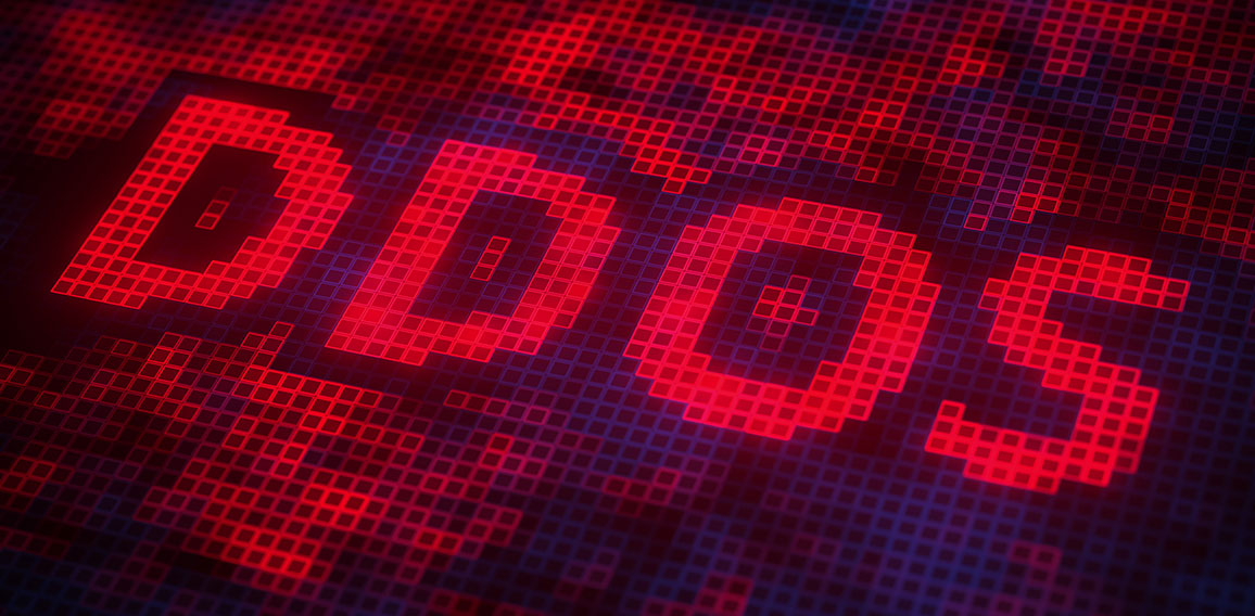 Pixels on the screen compose DDOS text. 3D rendering