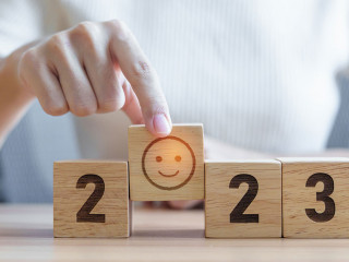 Smile face with 2023 block. Satisfaction, feedback, Review, men