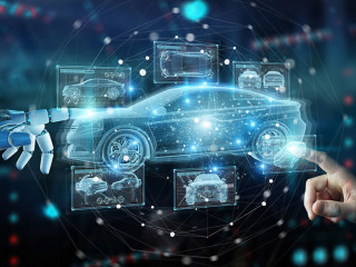 Robot hand holding and touching holographic smart car interface