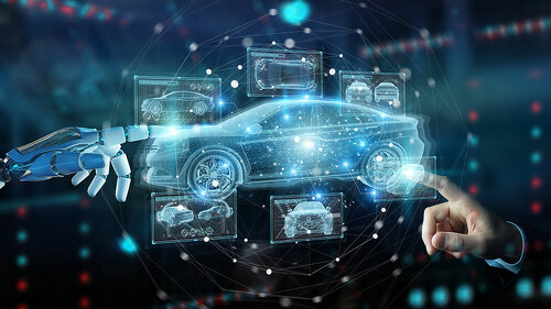 Robot hand holding and touching holographic smart car interface