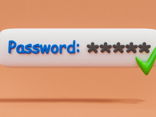 stylized 3D password form for web browser login floating over orange infinite Background; green checkmark secure password and protection concept; 3D Illustration