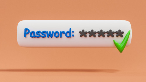 stylized 3D password form for web browser login floating over orange infinite Background; green checkmark secure password and protection concept; 3D Illustration