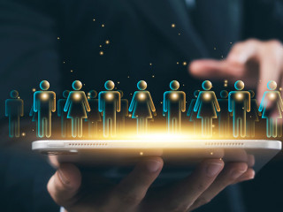 executive holding a tablet Virtual human icon, efficient organiz