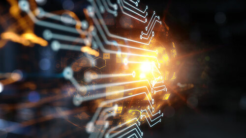 Blue circuit board background of computer motherboard