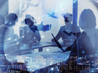 Network background concept with business people silhouette and city skyline at night. Double exposure and network effects