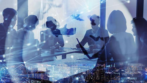 Network background concept with business people silhouette and city skyline at night. Double exposure and network effects