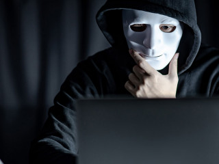 Mystery male hoodie hacker holding white mask looking at laptop