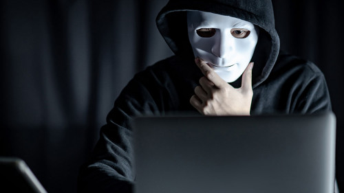 Mystery male hoodie hacker holding white mask looking at laptop