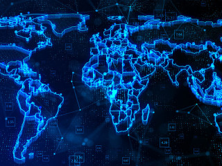 Abstract digital graphic world map with glowing contour line on dark background, big data and information stats concept, greed for landing page. 3D rendering