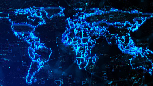 Abstract digital graphic world map with glowing contour line on dark background, big data and information stats concept, greed for landing page. 3D rendering