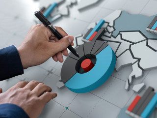 Businessman touch market share icon on world map screen