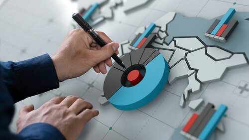 Businessman touch market share icon on world map screen