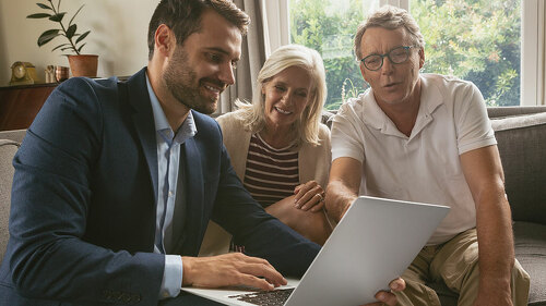 Active senior couple discussing with real estate agent over lapt