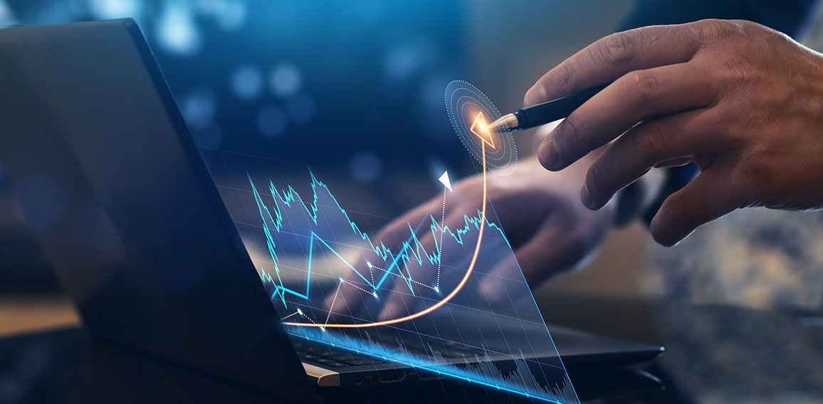 Businessman analysing economic growth graph financial data on la