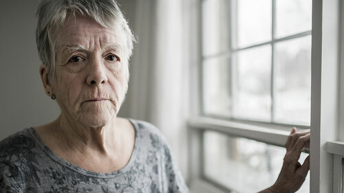 A sad lonely 70 years old senior in is apartment
