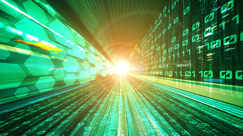 Digital data flow on road with motion blur to create vision of fast speed transfer