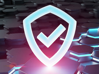 Black blue pink shield icon on hexagons background 3D rendering